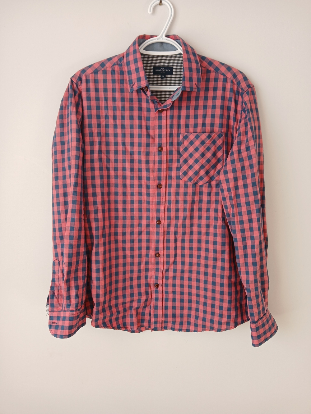 Rue Saint-Patrick Men's Medium Red Navy Gingham Check Shirt 100% Cotton